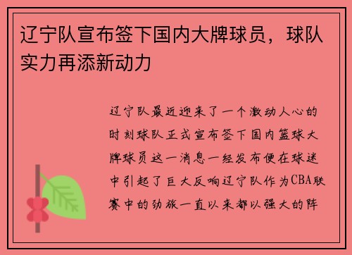 辽宁队宣布签下国内大牌球员，球队实力再添新动力