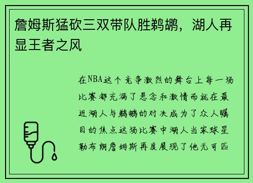 詹姆斯猛砍三双带队胜鹈鹕，湖人再显王者之风